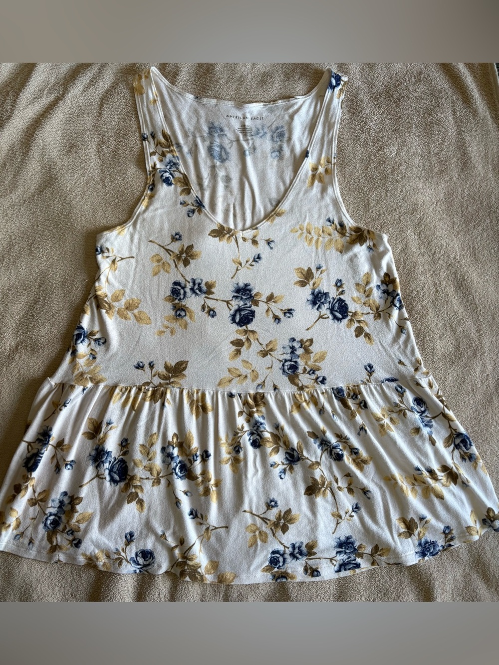 American Eagle Outfitters Cream And Blue Floral Peplum Tank Size Medium - Picture 7 of 7